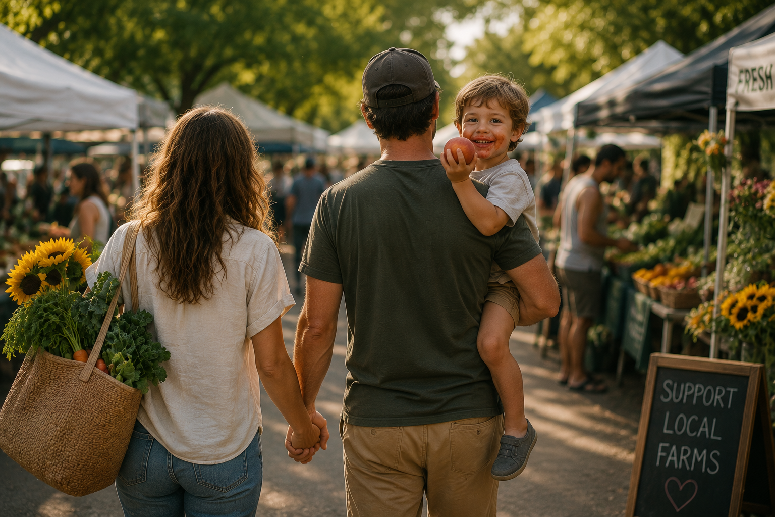 A family walking through a farmers market together, child holding a peach, with a Support Local Farms sign nearby