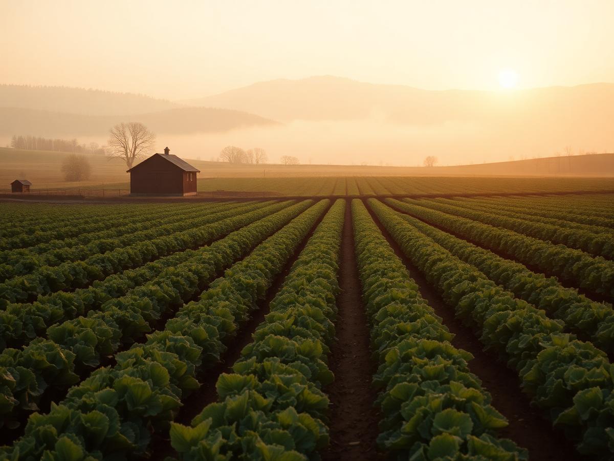 Rows of vegetables on a small family farm at sunrise with a distant barn