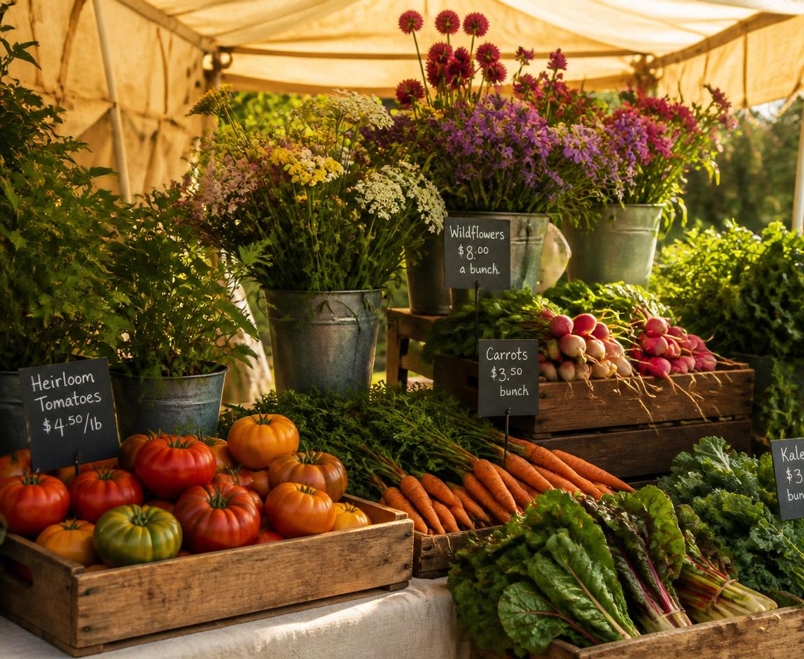A sunlit farmers market stall with crates of summer produce and buckets of wildflowers
