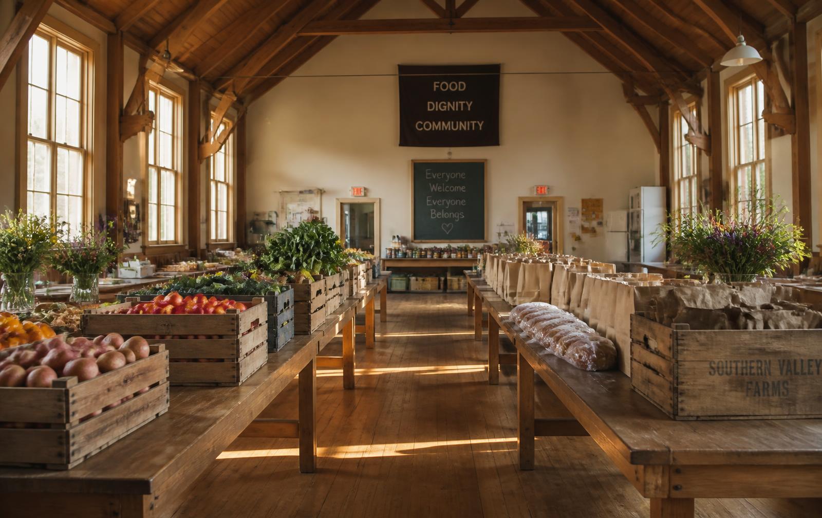 Inside Marcus Bread Co: crates of produce, bread, and flowers on a long table in a sunlit hall